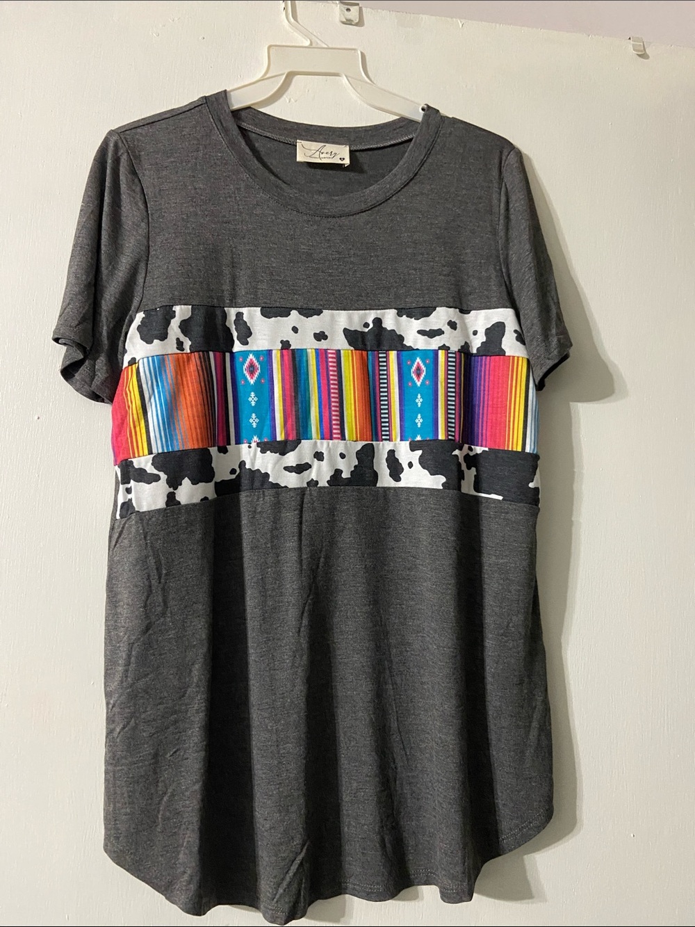 New Avery Dark Gray Tee with Multicolor Serape & Cowprint Panel NWOT